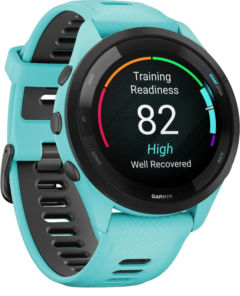 Garmin Forerunner 265 GPS watch accessory with a sleek black band and digital display showing fitness metrics.