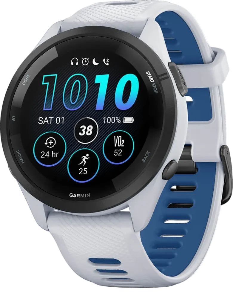 Garmin Forerunner 265 GPS watch accessory with sleek design, black band, and digital display showing time and activity metrics.