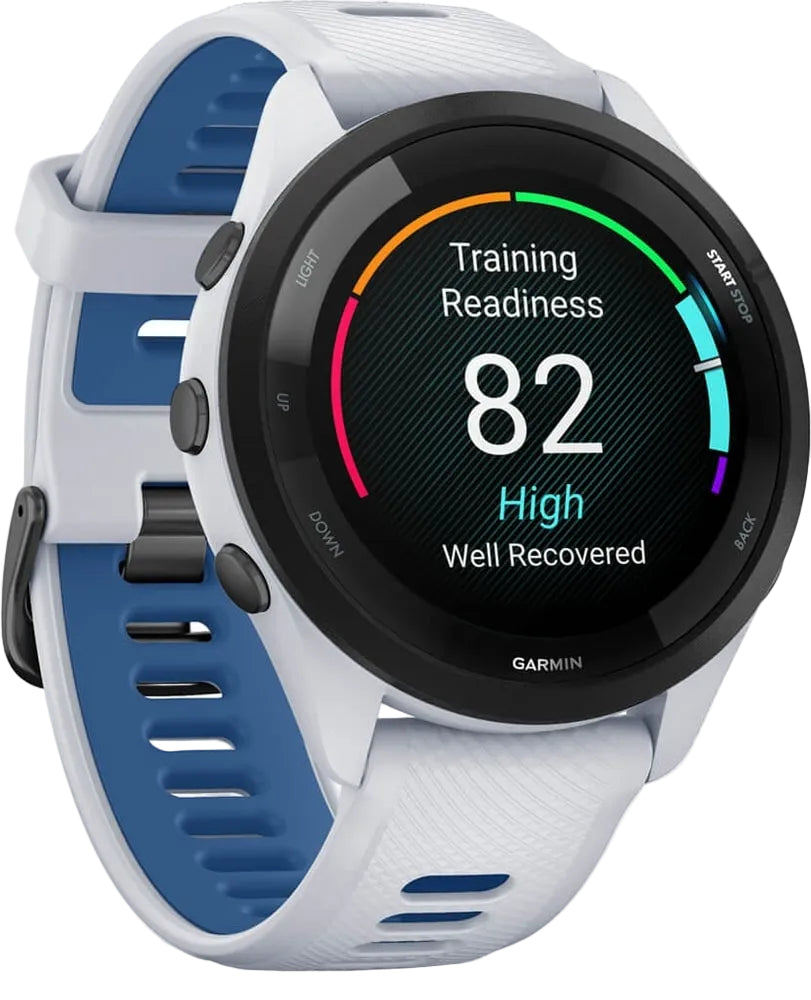 Garmin Forerunner 265 GPS watch accessory with sleek design, featuring digital display and sporty black strap.
