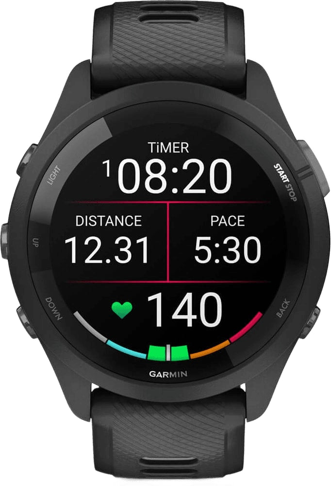Garmin Forerunner 265 GPS watch accessory with black silicone band and digital display, designed for fitness tracking and outdoor activities.