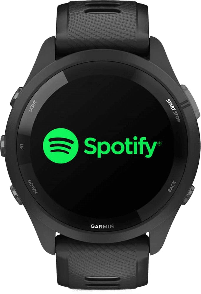 Garmin Forerunner 265 GPS watch accessory with a sleek black strap and digital display showing time and activity metrics.