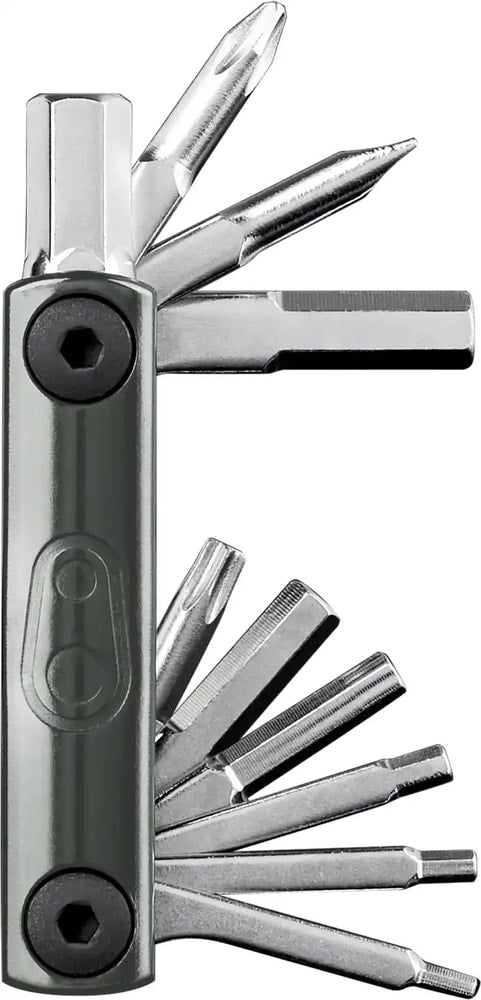 Crankbrothers F15 multi tool with various Allen wrenches, screwdrivers, and a chain tool, compact accessory for bike repairs.