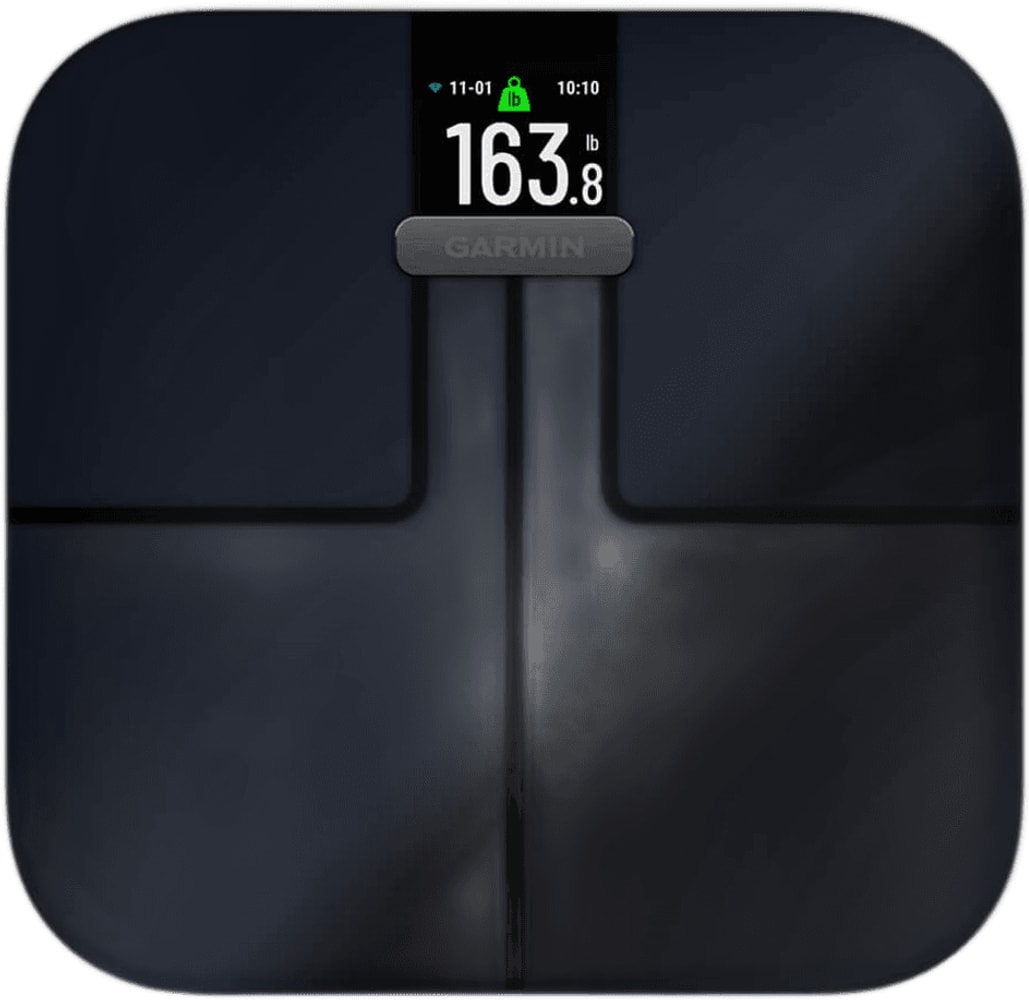 Garmin Index S2 smart scales with digital display showing weight and body composition metrics, designed for health tracking.