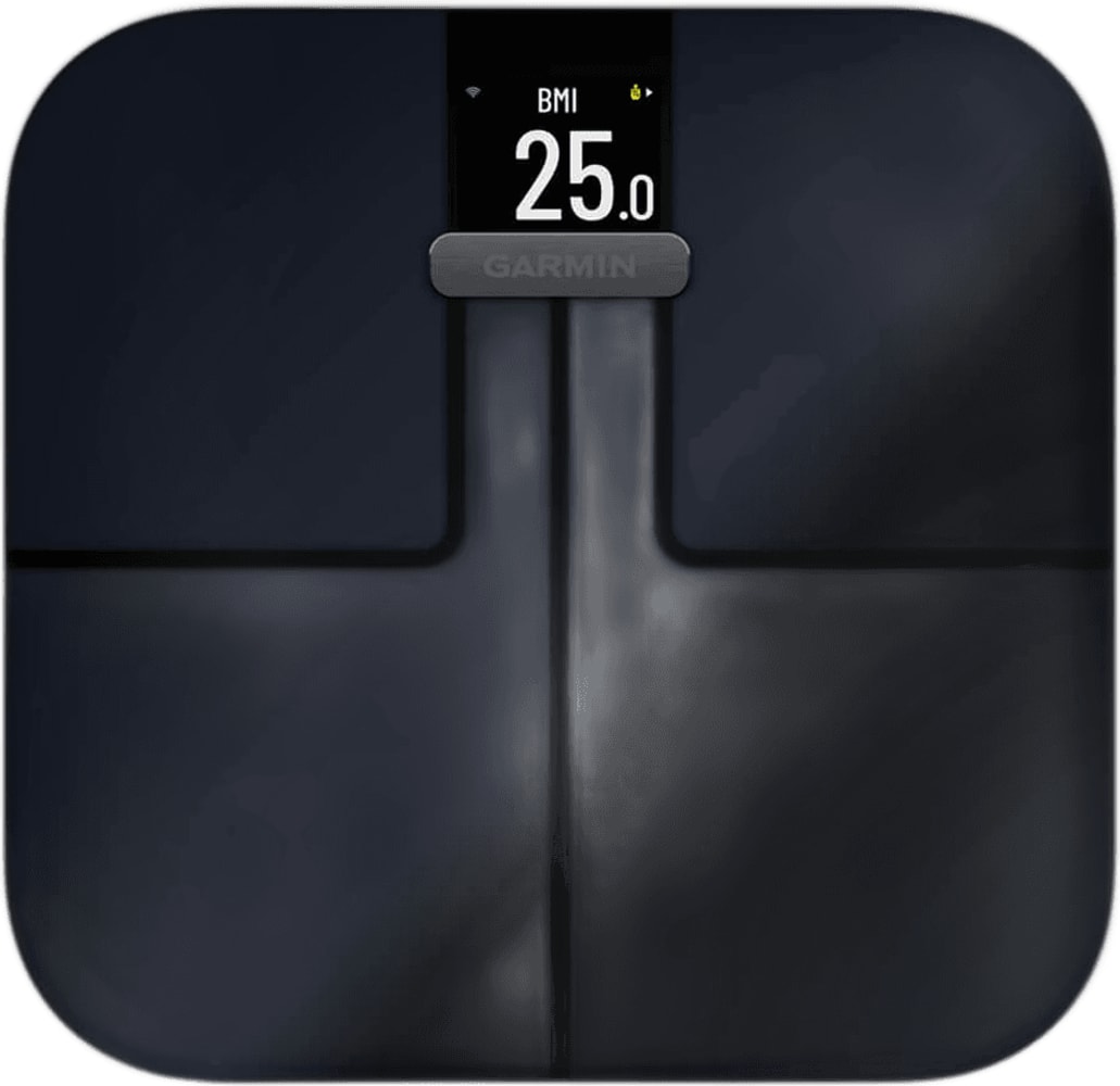 Garmin Index S2 smart scales showing digital display with body weight and health metrics on a reflective surface
