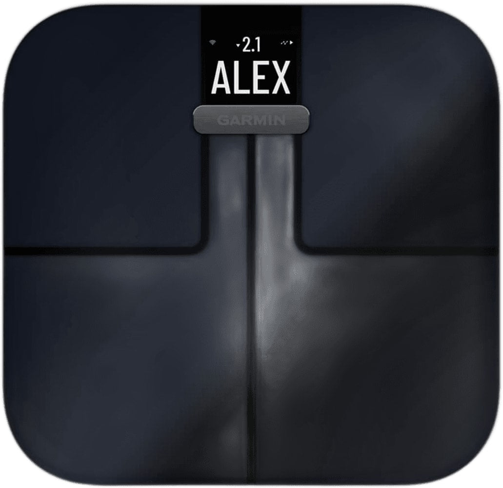Garmin Index S2 smart scales displaying weight measurement and digital display on a sleek, modern bathroom scale.