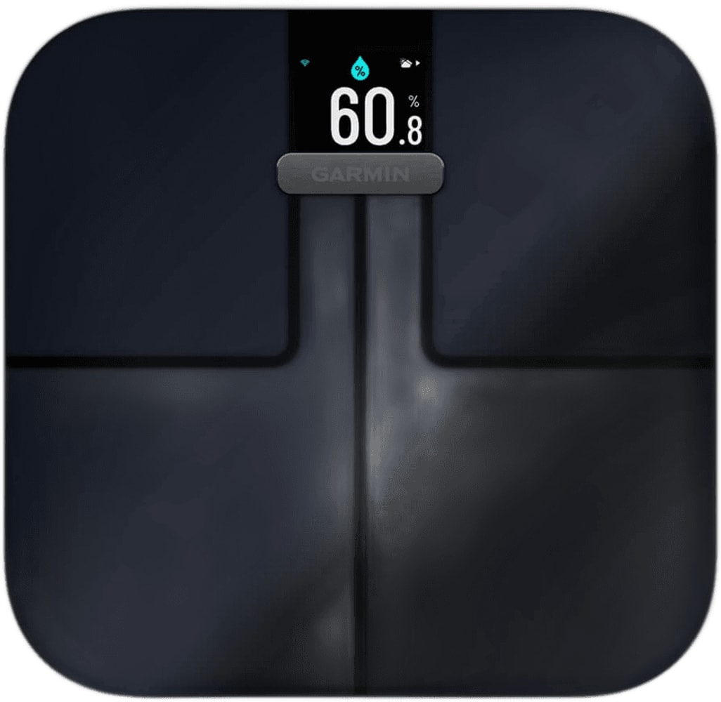 Garmin Index S2 Smart Scales accessory showing digital display and sleek black design on a bathroom floor