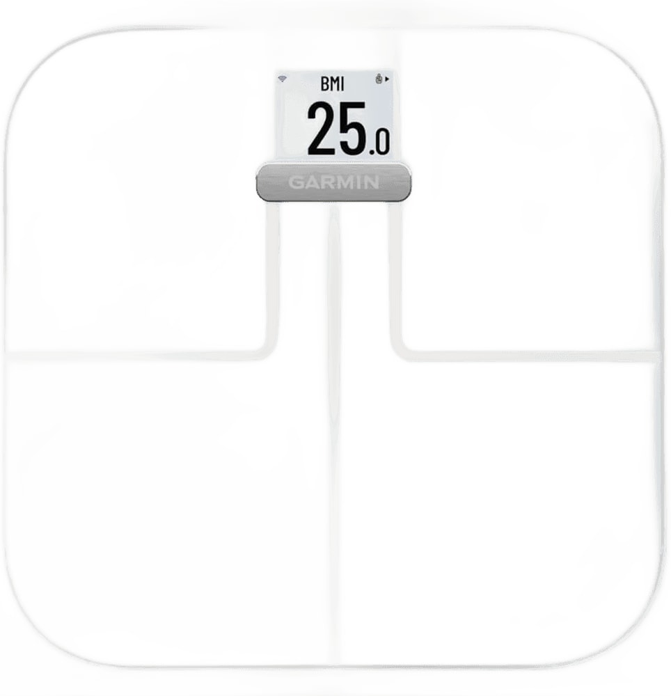 Garmin Index S2 Smart Scale showing digital display, sleek black design, and measurement sensors for body metrics.