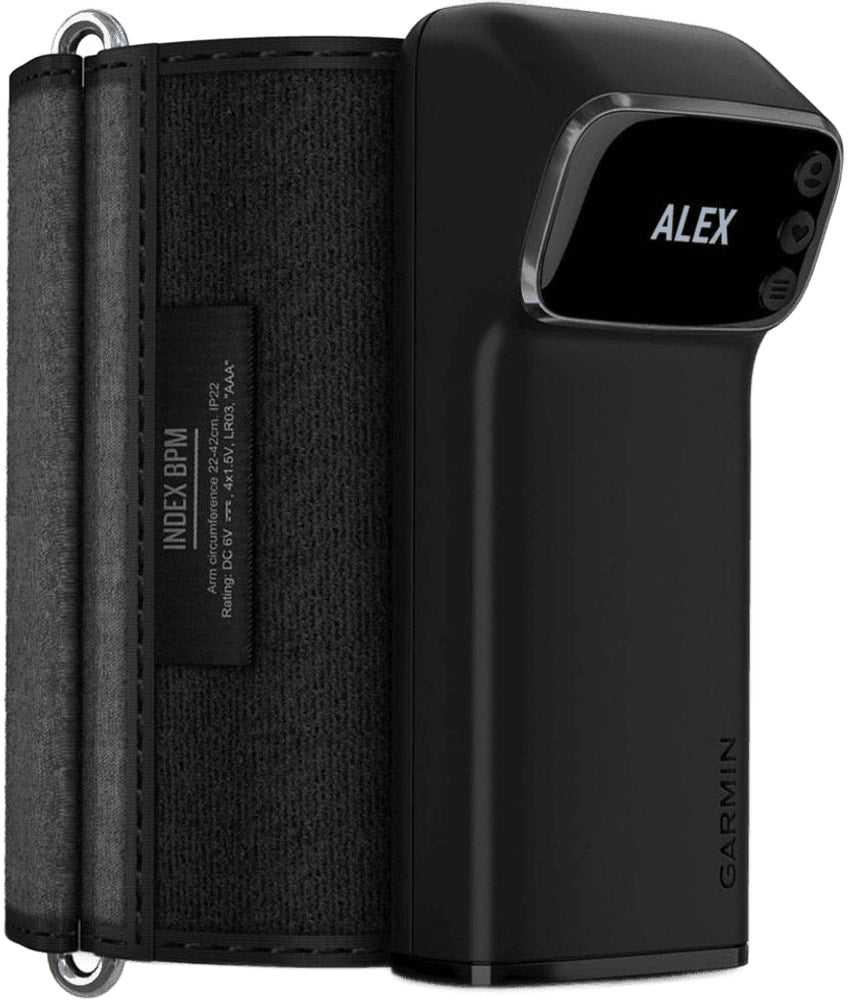 Garmin Index BPM smart blood pressure monitor accessory showing a close-up of the device with digital display and cuff.