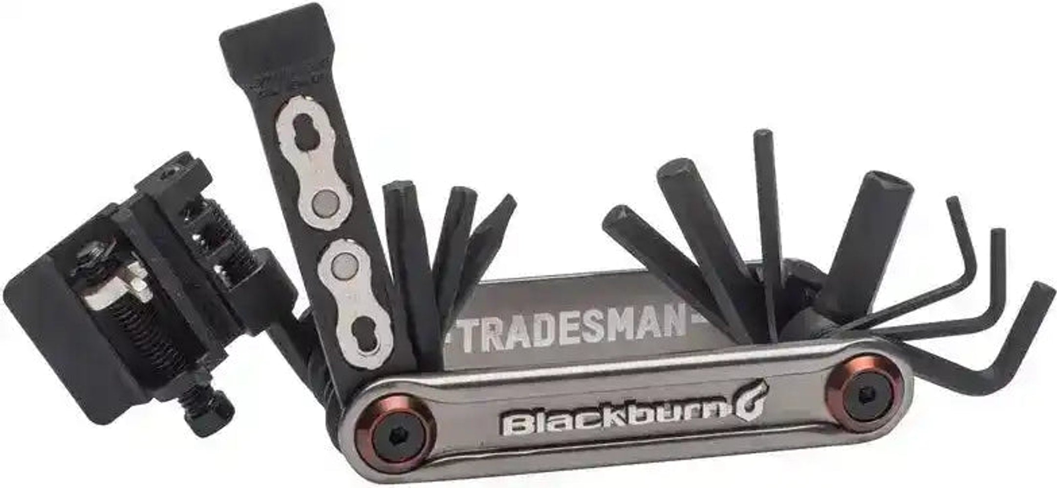 Blackburn Tradesman 18 Multi Tool accessories with various attachments, showing versatile tools for different tasks.