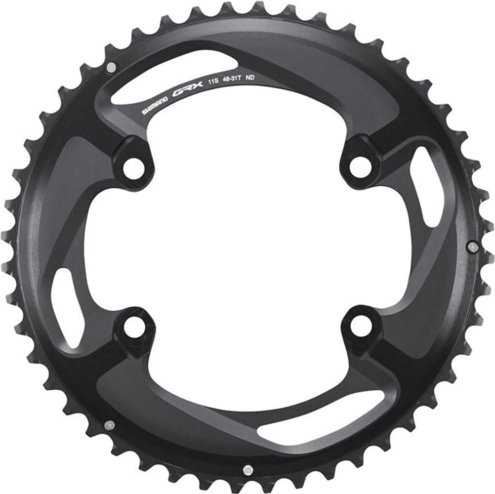 Shimano GRX RX810-2 11-speed chainring for bike drivetrain, close-up view of black metal gear component.