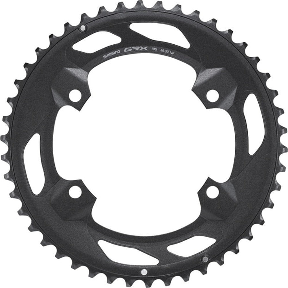 Shimano GRX RX600-2 11-speed chainring for bike parts, showing a close-up of the black gear with teeth and mounting holes.