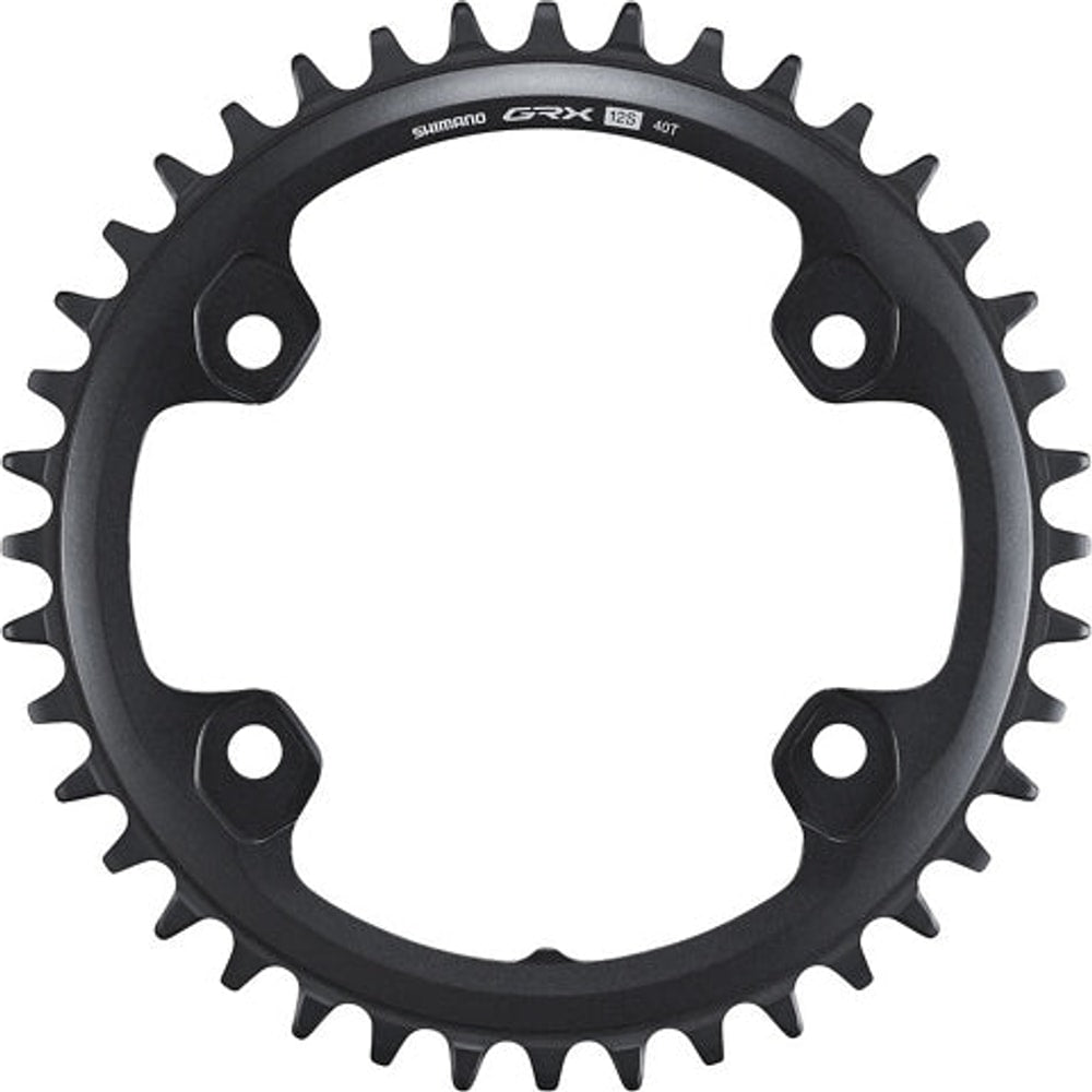 Shimano GRX RX820-1 12-speed chainring for gravel bike, showing black metal construction and gear teeth detail.