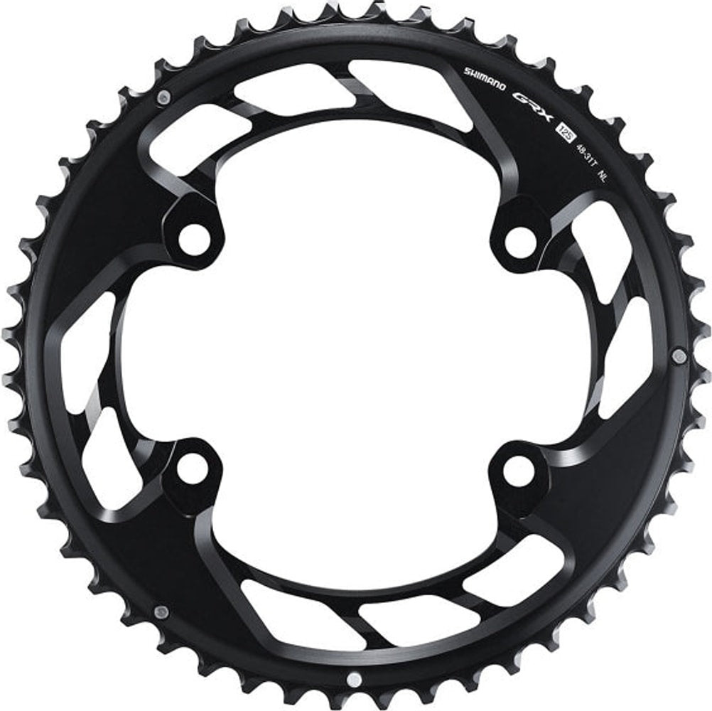 Shimano GRX RX820-2 12-speed chainring for bike parts, with black finish and detailed teeth design.