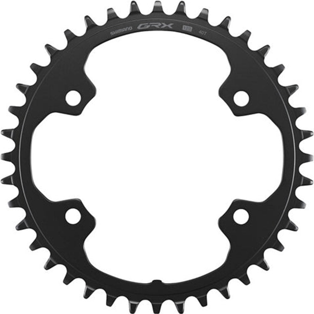 Shimano GRX RX610-1 12-speed chainring for bike drivetrain parts, showing a close-up of the black metal chainring with gear teeth.