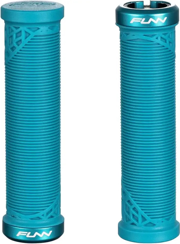 FUNN Hilt Junior lock-on MTB grips attached to bicycle handlebars, showcasing ergonomic design and textured surface for grip.