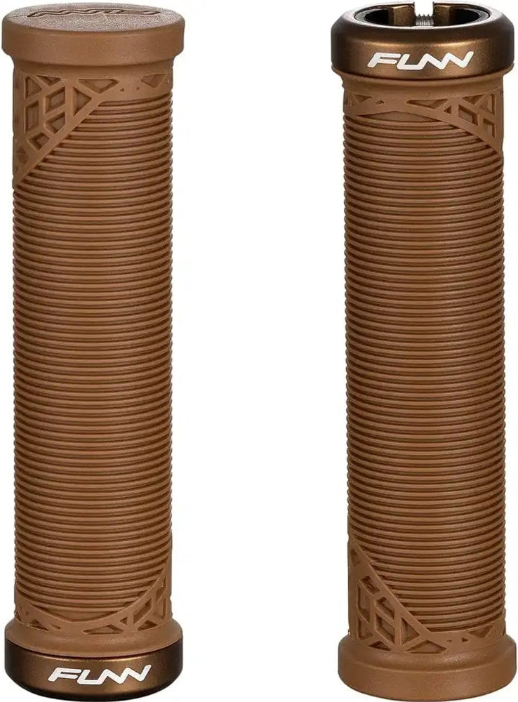 FUNN Hilt Junior Lock-On MTB grips with textured rubber surface and metal clamps for secure mountain bike handlebar grip.
