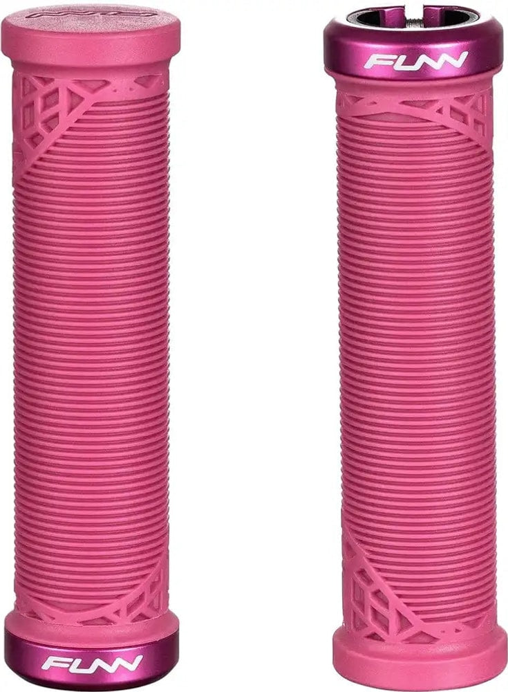 FUNN Hilt Junior Lock-On MTB grips shown with textured rubber surface and metal locking rings for secure mountain bike handlebar grip.