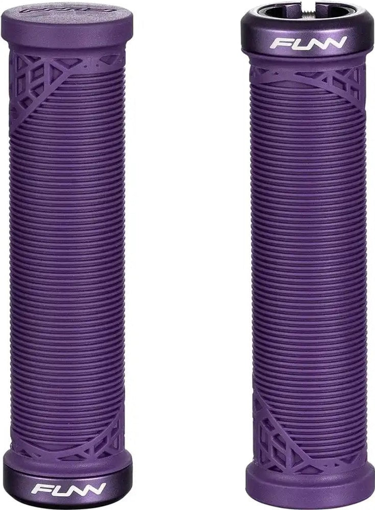 FUNN Hilt Junior Lock-On MTB grips in black with silver locking rings, designed for comfortable mountain biking.