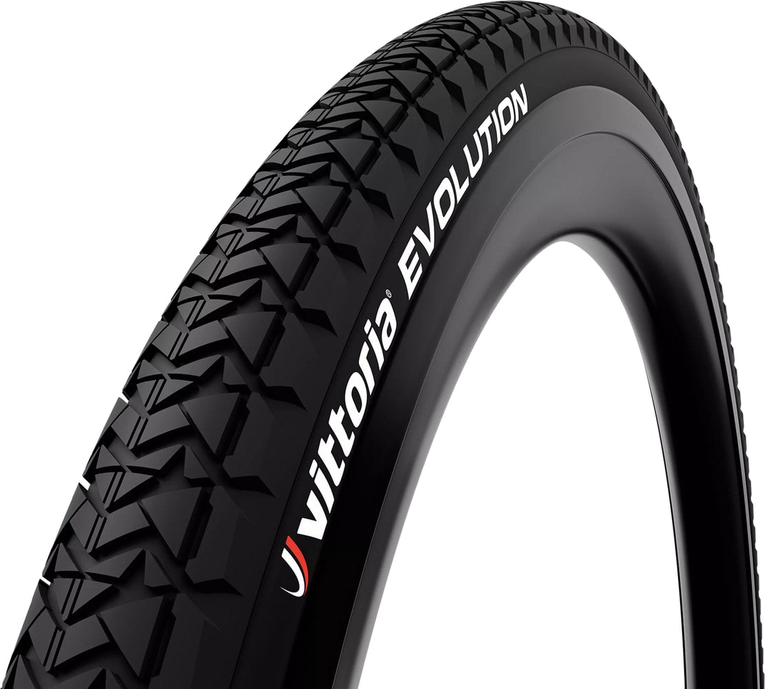 Vittoria Evolution wirebead MTB tyre, black rubber mountain bike tire side view