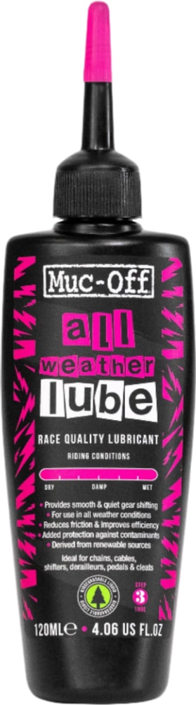 Muc-Off All Weather Lube accessory bottle with label, designed for lubricating bike chains and components in all weather conditions.