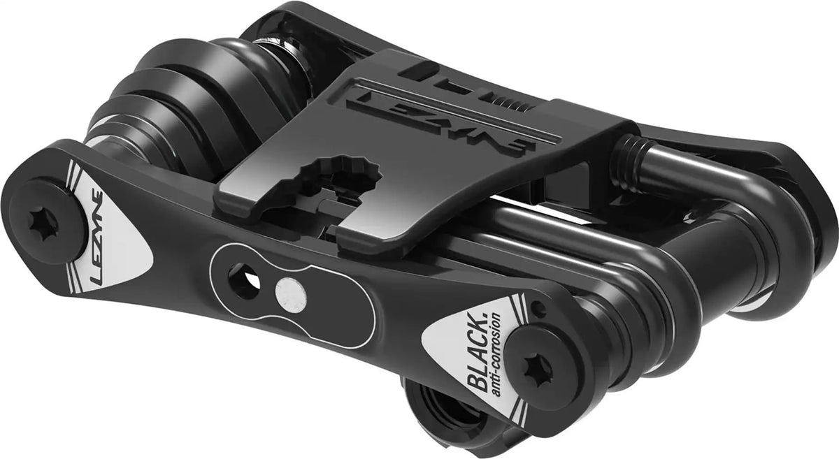 Lezyne RAP II 19 Co2 multi-tool with various accessories, compact and black, designed for bike tire inflation and repair.