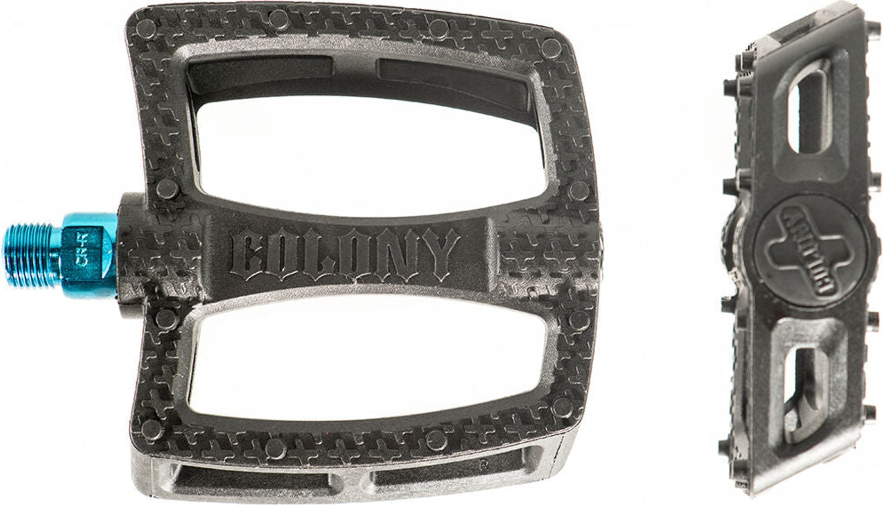 Colony Fantastic BMX pedals, durable metal bicycle parts with textured surface for grip, shown attached to a bike pedal axle.