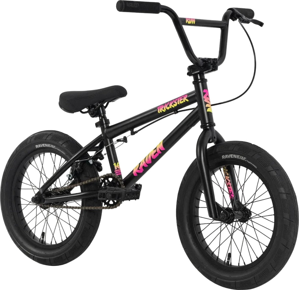 Raven Trickster 16 BMX bike with black frame and colorful handlebar grips, designed for kids and beginner riders.