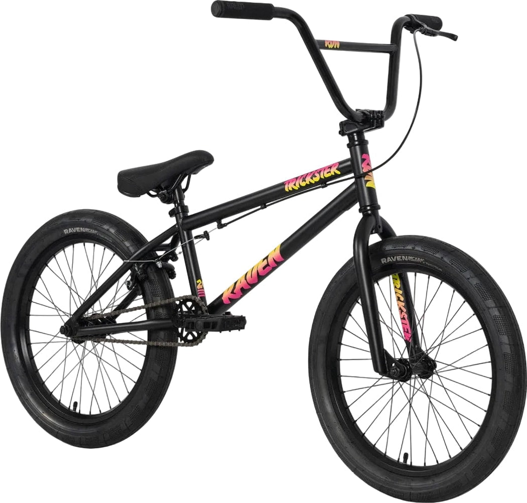 Raven Trickster 20 BMX bike with black frame and colorful accents, ready for riding and tricks.