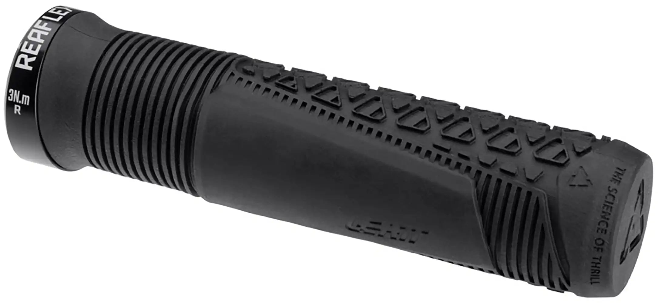 Leatt ReaFlex 6.0 Lock-On MTB grips with textured rubber handles and metal locking rings for secure mountain bike riding.