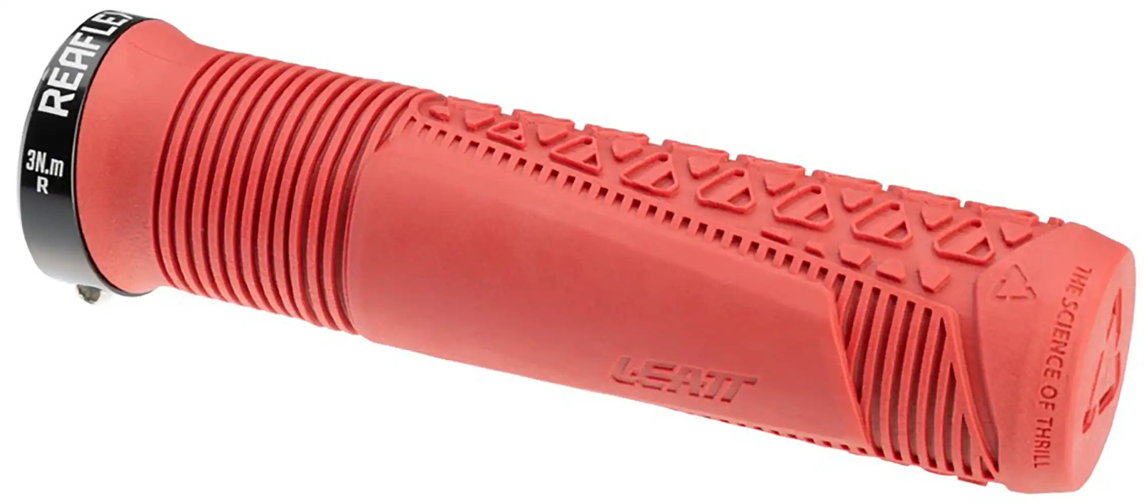 Leatt ReaFlex 6.0 Lock-On MTB grips shown on a mountain bike handlebar for secure grip and control.