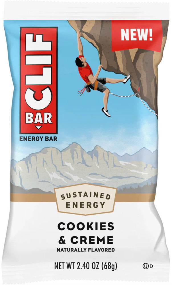 Clif Energy Bar in Cookies and Creme flavor, 68g, showing the packaging with the Clif brand logo and product details.