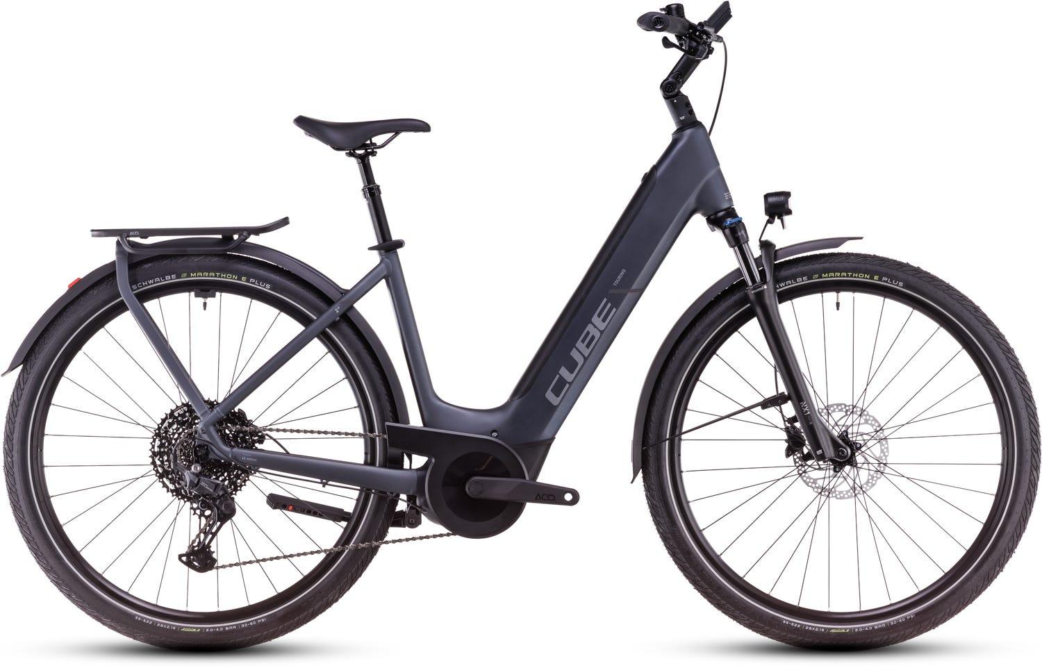 Cube 2025 Touring Hybrid Pro 625 e-bike with easy-entry step-through frame in metallic gray and chrome finish.