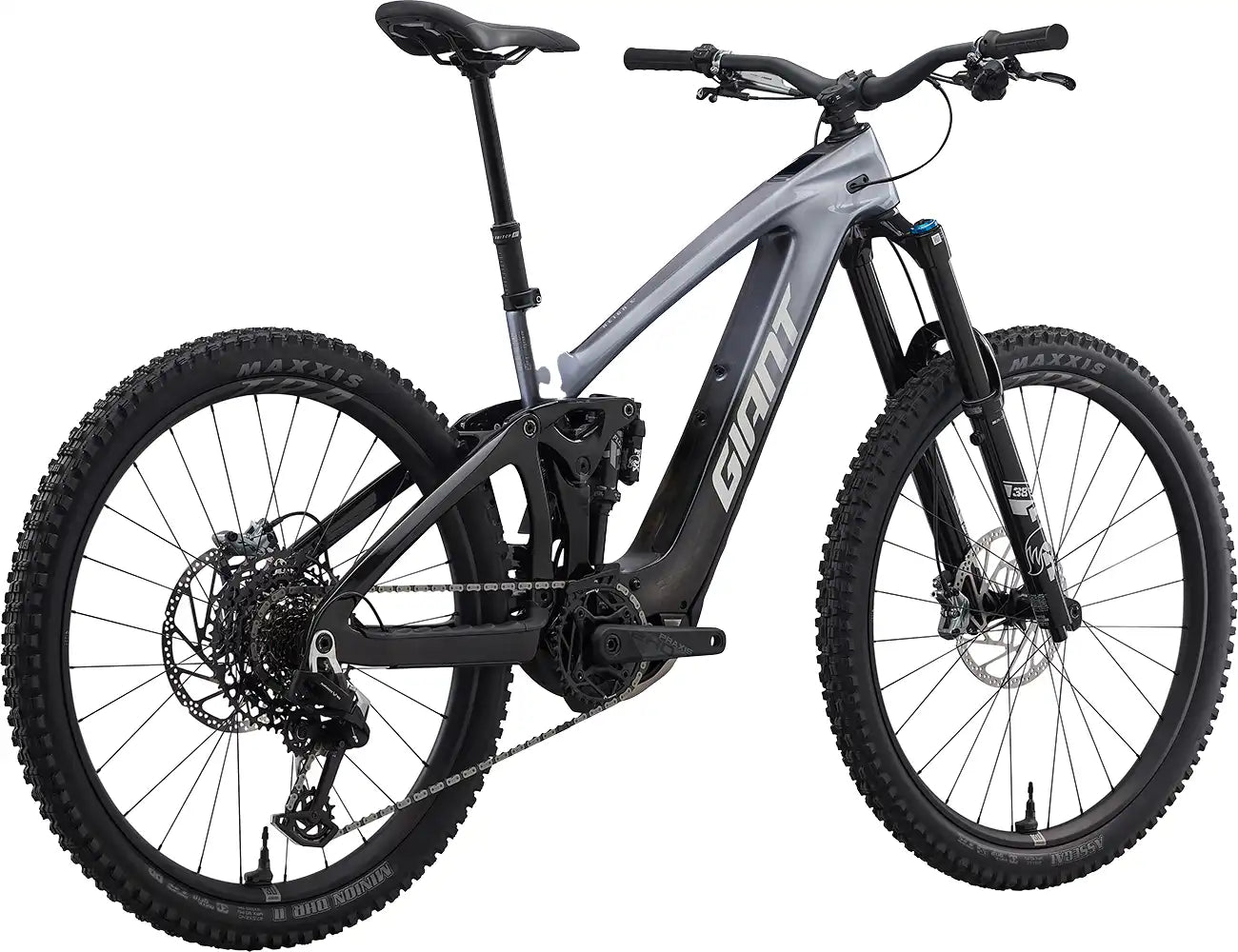 Giant 2026 Reign Advanced E+ 1 e-bike with carbon smoke frame and Mercury color, showing rear view of the mountain bike.