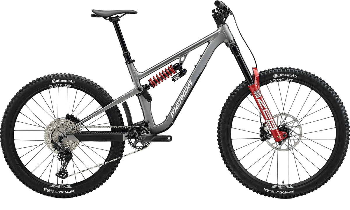 Gray and white Merida One Sixty FR 800 dual suspension mountain bike with sleek frame and front and rear suspension.