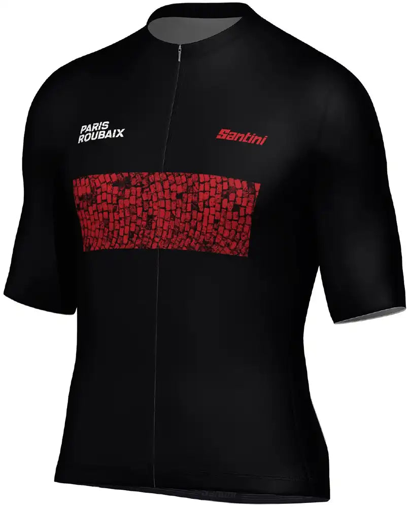 Santini Paris Roubaix men's short-sleeve cycling jersey in black and red, featuring breathable fabric and logo details.