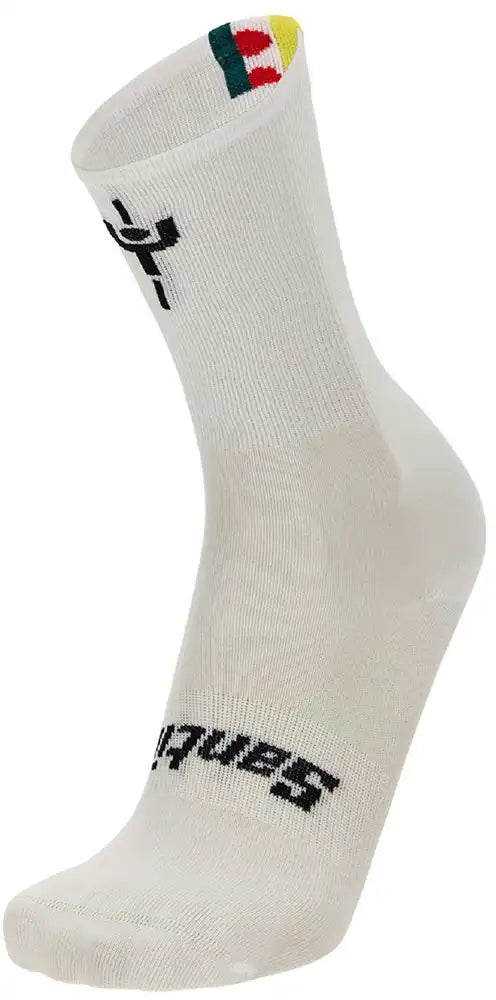 Santini TDF Combo Leaders men's cycling socks in white with black accents, made of breathable, lightweight fabric.
