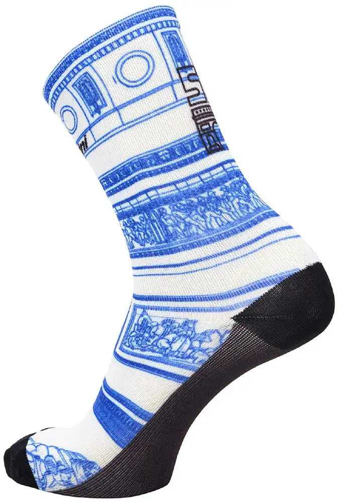 Santini TDF Arc de Triomphe stage men's cycling socks in white with black accents, made of breathable athletic fabric.