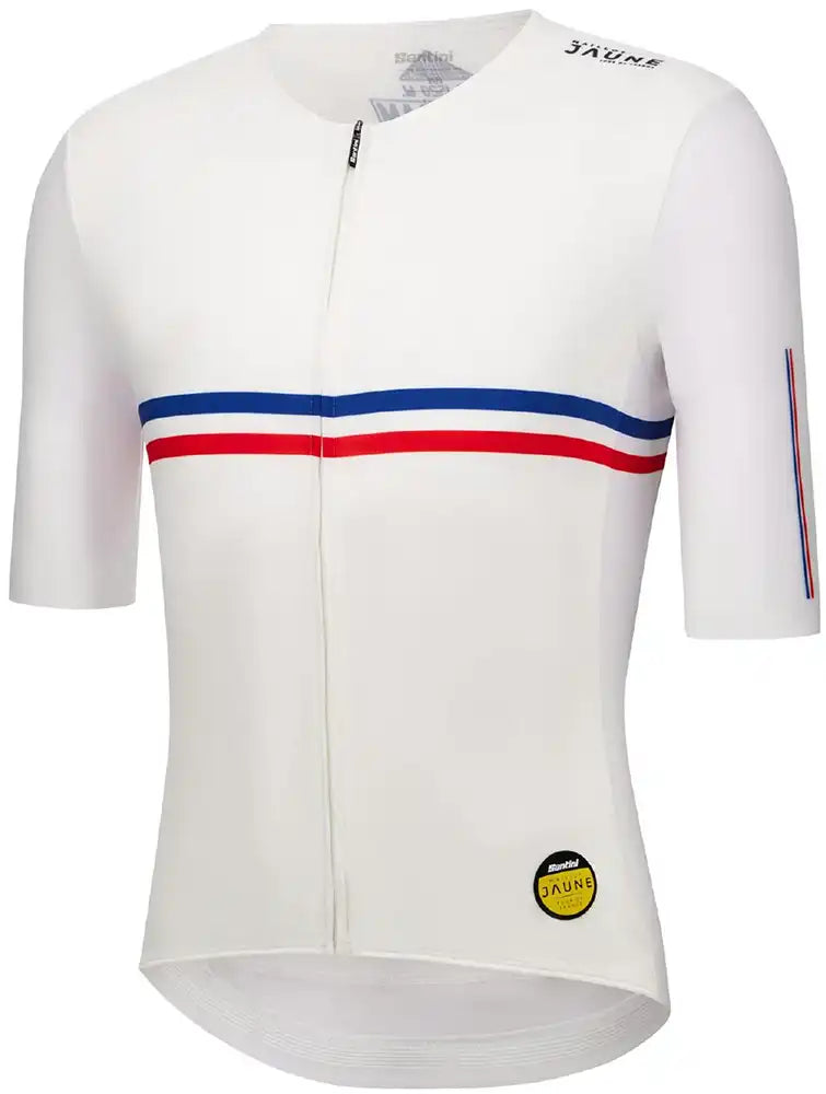 Santini TDF Hautacam Stage short-sleeve men's cycling jersey in white, with aerodynamic fit and breathable fabric.