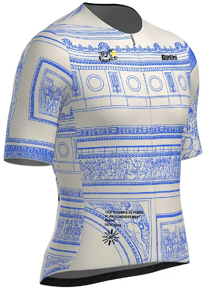 Santini TDF Arc de Triomphe stage men's cycling jersey in white with blue and red accents, short sleeves, front zipper.