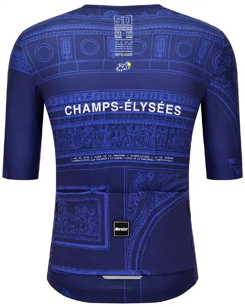 Santini TDF Arc de Triomphe stage short-sleeve men's cycling jersey in black, size XL, featuring race-inspired design and branding.