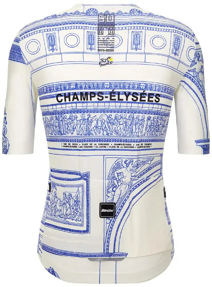 Santini TDF Arc de Triomphe stage men's short-sleeve cycling jersey in white, showing the front design and logo.