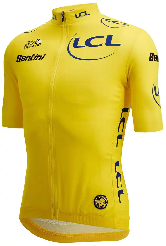 Yellow Santini TDF Leaders men's cycling jersey with short sleeves, featuring branded logo and sporty fit.