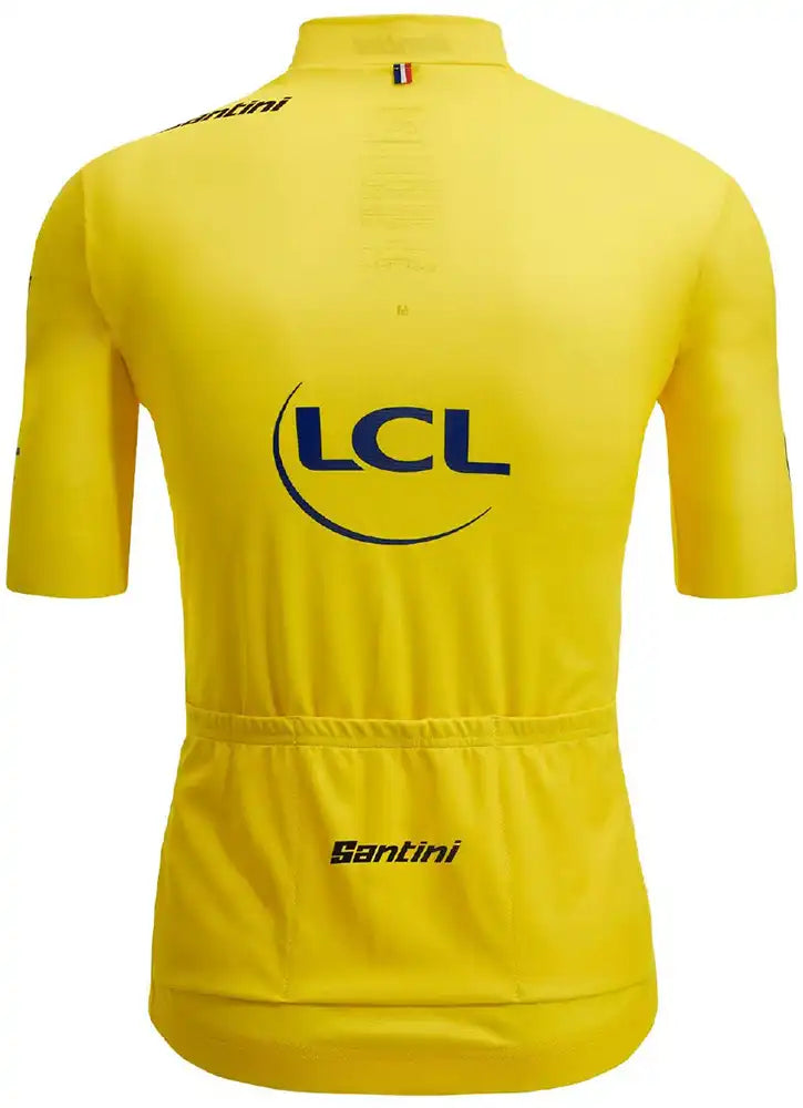 Santini TDF Leaders men's short sleeve cycling jersey in yellow with team logos and branding, lightweight and breathable fabric.