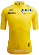 Santini TDF Leaders men's short-sleeve cycling jersey in yellow, featuring team logo and sporty design for cycling enthusiasts.