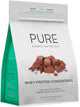 Pure Sports Nutrition Whey Protein Concentrate in 1kg chocolate flavor, showing a shiny container with chocolate-flavored whey protein powder.