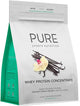 Pure Sports Nutrition vanilla whey protein concentrate in a 1kg container, showcasing the nutrition label and product packaging.