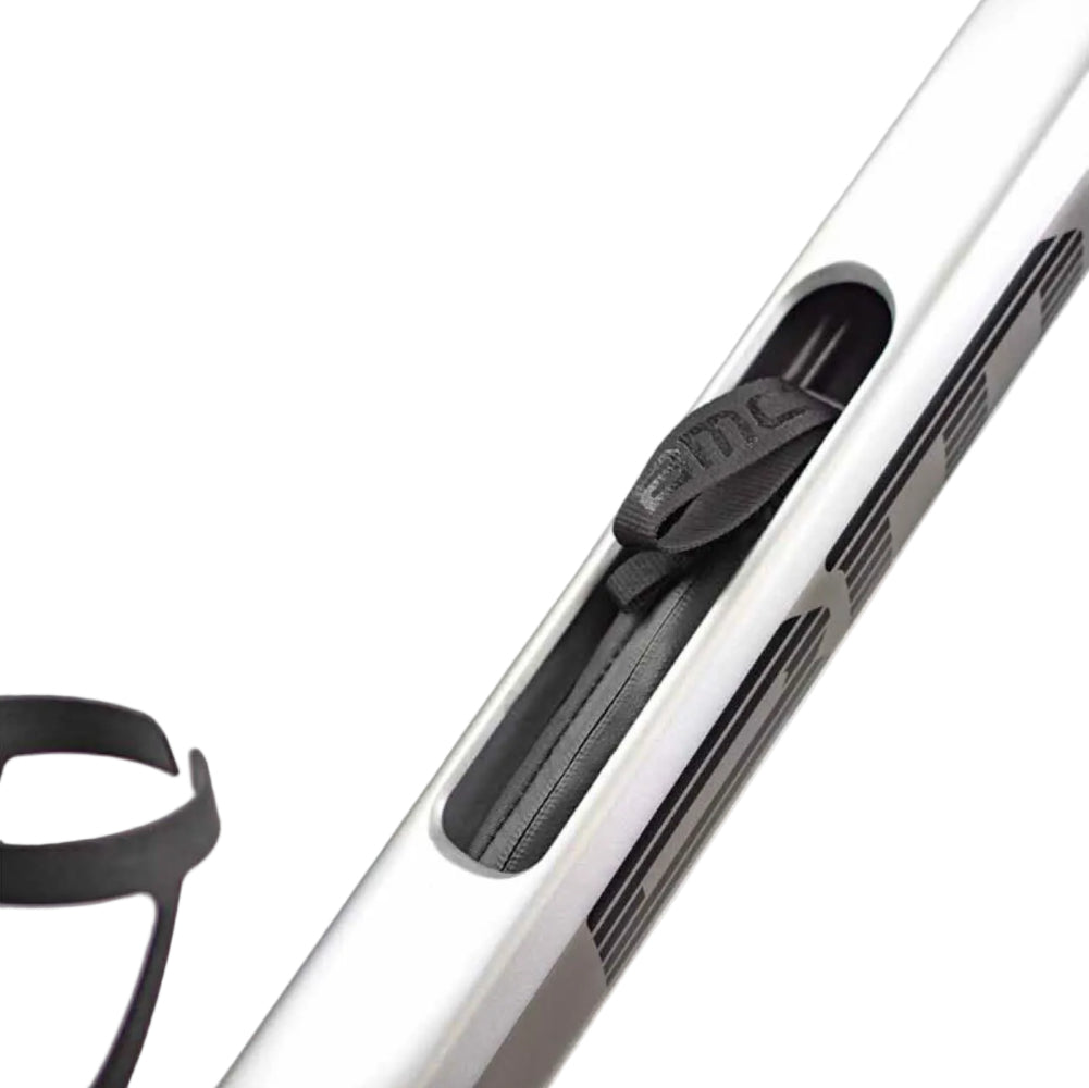 BMC Roadmachine down tube storage bag attached to bicycle frame for convenient accessory storage.