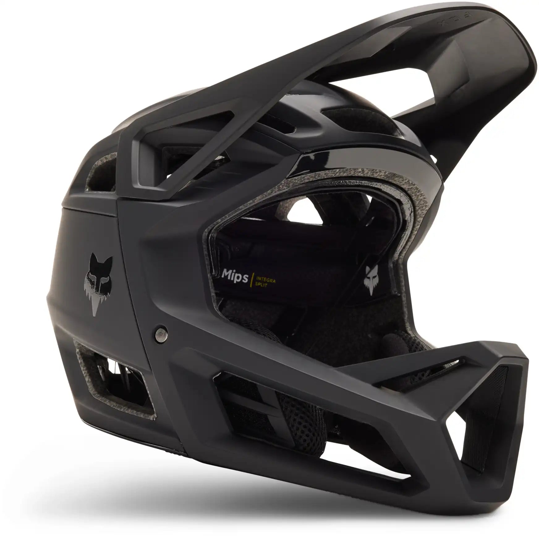 Fox Proframe RS MIPS full face helmet with aerodynamic design and adjustable straps, featuring vents for ventilation and safety.