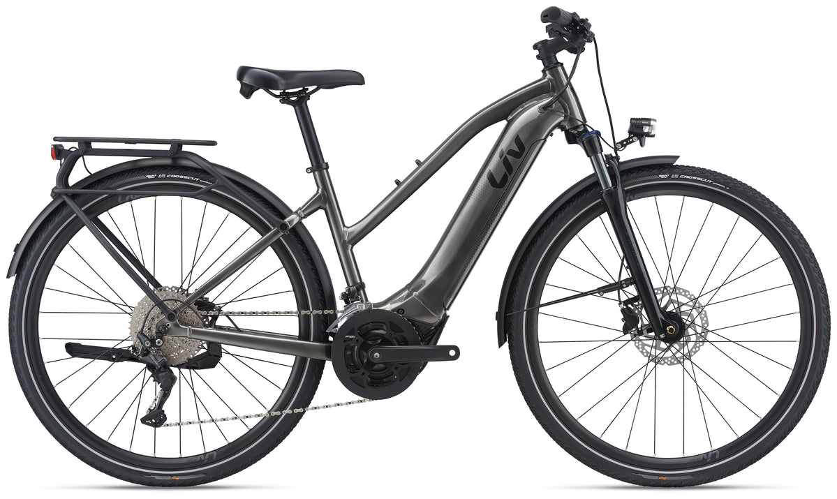 Liv Amiti-E+ 1 e-bike in charcoal color, showing the sleek frame and handlebars of the 2022 model.