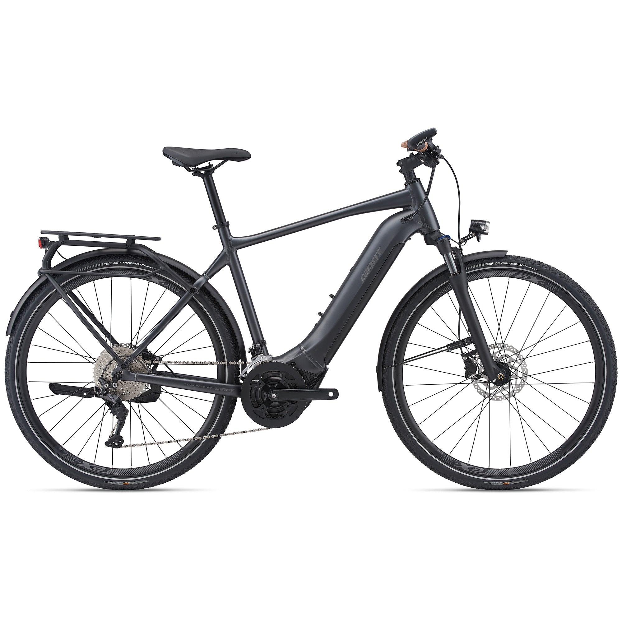 Giant 2022 Explore E+ 1 electric bike in gunmetal black with sleek frame and front suspension for versatile riding.